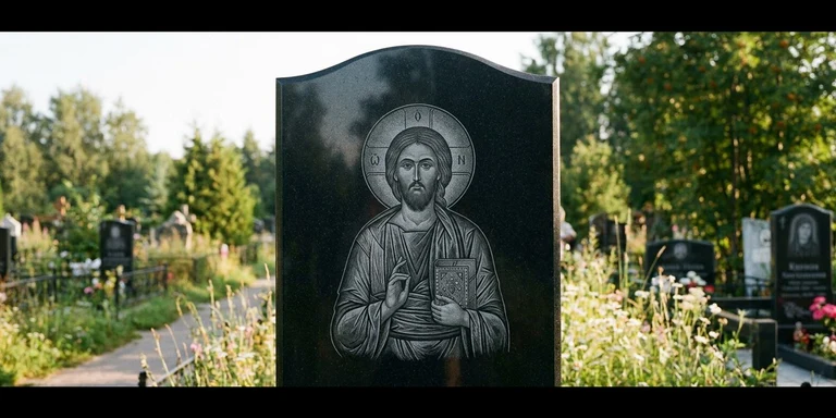 Иконы для гравировки на памятник в Уфе — образ на стеле из чёрного гранита с ручной доводкой лика