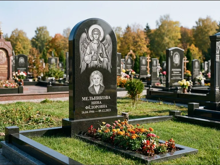 Памятник с гравировкой иконы — икона над портретом усопшего, работа «Журавлёв» в Уфе