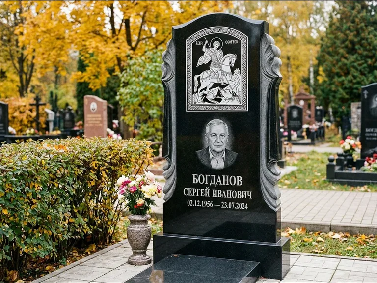 Памятник с гравировкой иконы — икона Спаса Вседержителя над именем усопшего, работа «Лебедева» в Уфе