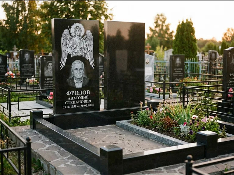 Памятник с гравировкой иконы: стела с резной рамкой вокруг иконы — Архангел Михаил на стеле, белая мраморная крошка с бордюром, работа «Богданова» в Уфе