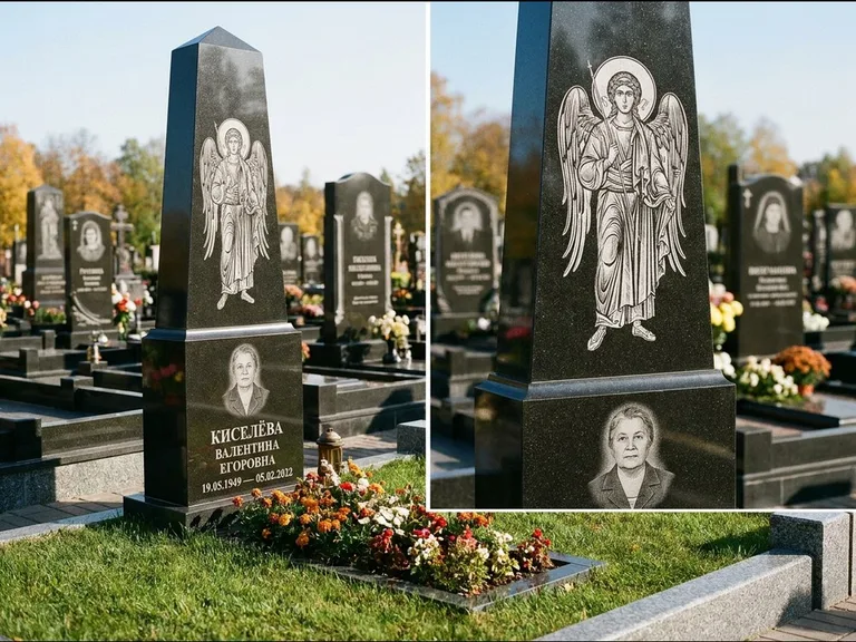 Памятник с гравировкой иконы: асимметричная скошенная стела — гравировка образа Спасителя, живая изгородь из кустарника, работа «Третьяков» в Уфе