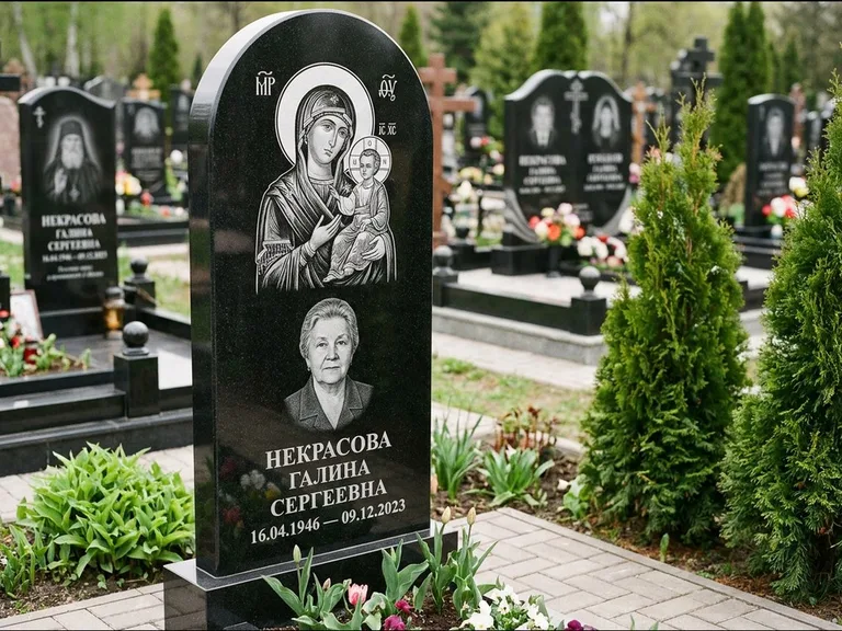 Памятник с гравировкой иконы: фигурная стела с киот-нишей под икону — икона в резной рамке-киоте, светлая гравийная отсыпка, работа «Журавлёв» в Уфе