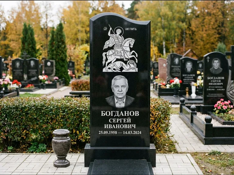 Памятник с гравировкой иконы: монументальный семейный мемориал из двух стел на общем цоколе — гравировка Николая Чудотворца, мощёная гранитная площадка без ограды, работа «Раевская» в Уфе