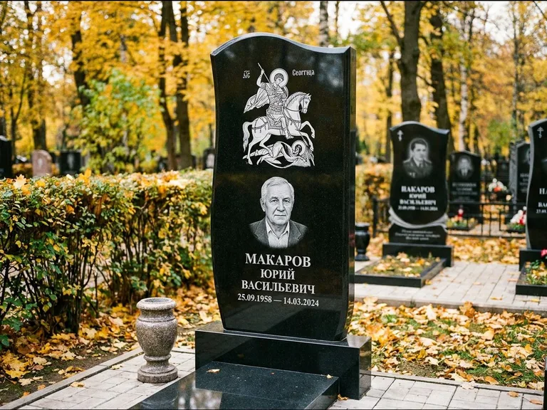 Памятник с гравировкой иконы — икона над портретом усопшего, работа «Раевская» в Уфе
