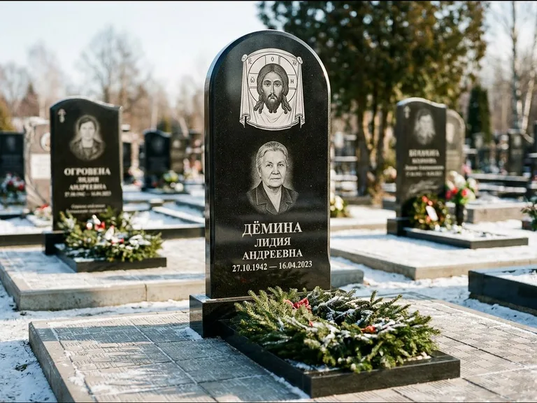 Памятник с гравировкой иконы — икона Спаса Вседержителя над именем усопшего, работа «Ковалёв» в Уфе