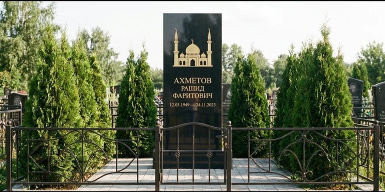 Гравировка мечети на памятник в Уфе — стела из чёрного гранита, оформление по канонам ислама
