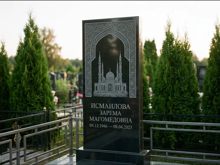 Мусульманский памятник с гравировкой мечети — мечеть в восточной арке с орнаментом, работа «Исмаилова» в Уфе