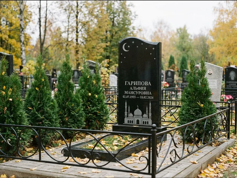 Мусульманский памятник с гравировкой мечети — мечеть с луной в ночном небе, работа «Гарипова» в Уфе