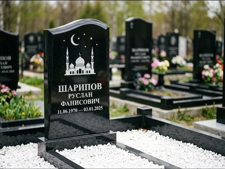 Мусульманский памятник с гравировкой мечети: стела с волнообразным скошенным верхом — гравировка мечети под полумесяцем и звёздами, белая мраморная крошка с бордюром, работа «Шарипов» в Уфе