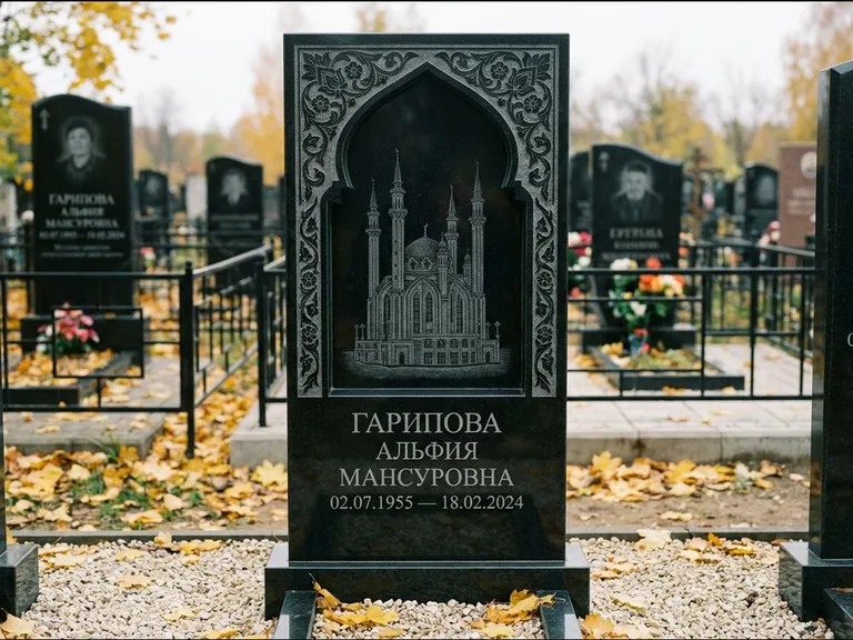 Мусульманский памятник с гравировкой мечети: фигурная стела с михраб-нишей — гравировка мечети в михраб-арке с орнаментом, светлая гравийная отсыпка, работа «Гарипова» в Уфе