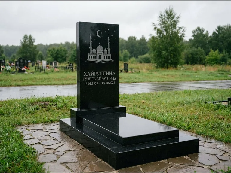 Мусульманский памятник с гравировкой мечети: ступенчатая двухуровневая стела — гравировка мечети под полумесяцем и звёздами, каменная дорожка из плитняка, работа «Хайруллина» в Уфе