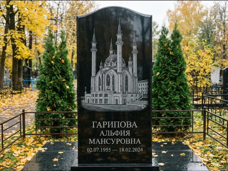 Мусульманский памятник с гравировкой мечети — мечеть Кул-Шариф на обороте стелы, работа «Гарипова» в Уфе