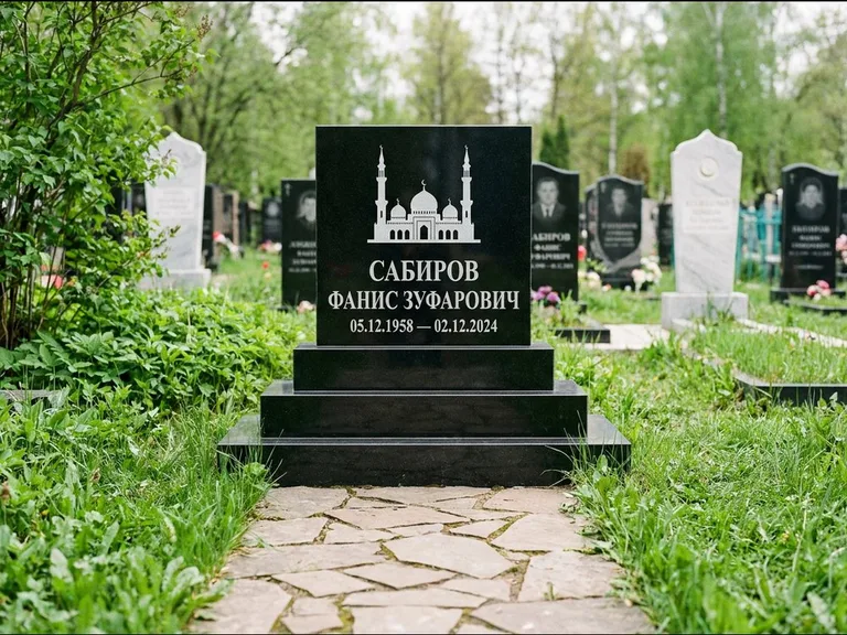 Мусульманский памятник с гравировкой мечети: ступенчатая трёхуровневая стела — золочёная гравировка мечети, дорожка из природного плитняка, работа «Юсупов» в Уфе