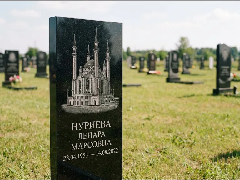 Мусульманский памятник с гравировкой мечети: узкая вертикальная стела-пилон — гравировка мечети в михраб-арке с орнаментом, открытая лужайка без ограды, работа «Хайруллина» в Уфе