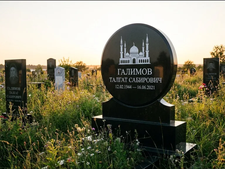 Мусульманский памятник с гравировкой мечети: округлая стела-медальон на тумбе — гравировка мечети в михраб-арке с орнаментом, луговые травы и полевые цветы, работа «Каримов» в Уфе