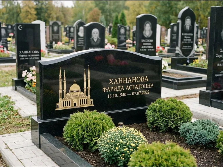 Мусульманский памятник с гравировкой мечети: вытянутая горизонтальная семейная стела с аркой — белая гравировка силуэта мечети с минаретами, участок с декоративными кустами, работа «Гарипова» в Уфе