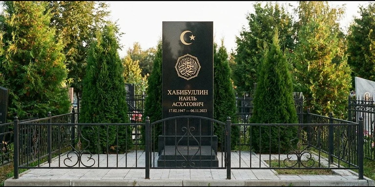 Гравировка на мусульманском памятнике в Уфе — стела из чёрного гранита, оформление по канонам ислама