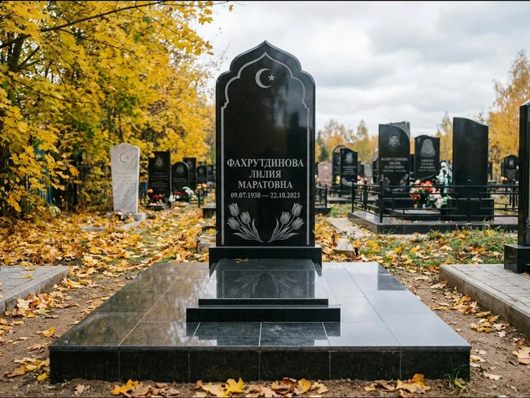 Мусульманский памятник: стела с михраб-навершием в форме арки — гравировка минарета с полумесяцем, гранитный цоколь с тёмной плиткой, работа «Фахрутдинова» в Уфе