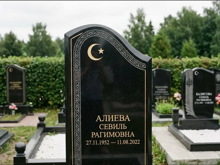 Мусульманский памятник: асимметричная скошенная стела — белая гравировка силуэта мечети с минаретами, живая изгородь из кустарника, работа «Алиева» в Уфе