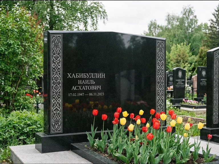 Мусульманский памятник: широкая двойная семейная стела — золочёная гравировка мечети, цветник с тюльпанами, работа «Хабибуллин» в Уфе