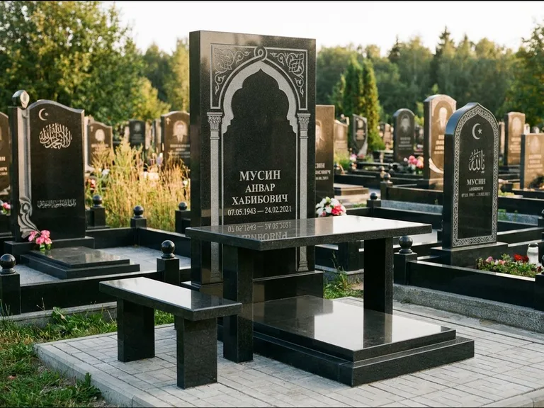 Мусульманский памятник: стела с гранитным столиком и скамьёй — гравировка мечети под полумесяцем и звёздами, семейный участок с плиткой, работа «Гимаев» в Уфе