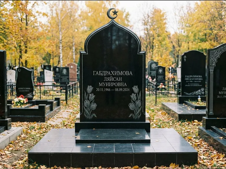 Мусульманский памятник: массивная стела с михраб-навершием — белая гравировка силуэта мечети с минаретами, цоколь тёмной плиткой, работа «Магомедова» в Уфе