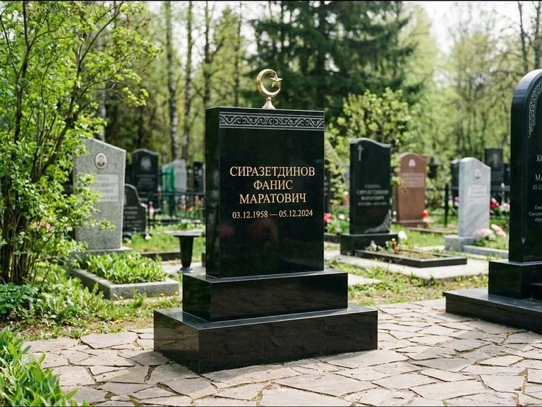 Мусульманский памятник: ступенчатая трёхуровневая стела — золочёная гравировка мечети, дорожка из природного плитняка, работа «Мустафин» в Уфе