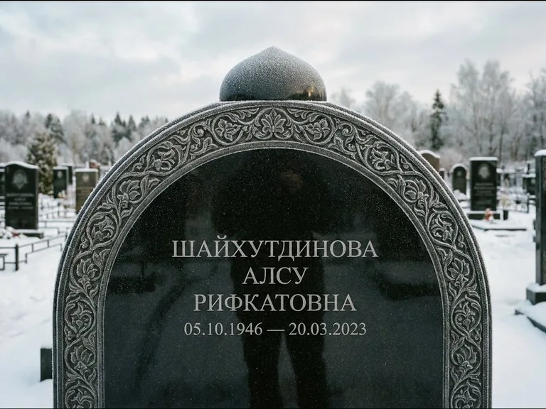 Мусульманский памятник: полукруглая стела с купольным навершием — гравировка мечети под полумесяцем и звёздами, заснеженный зимний участок, работа «Ганиева» в Уфе