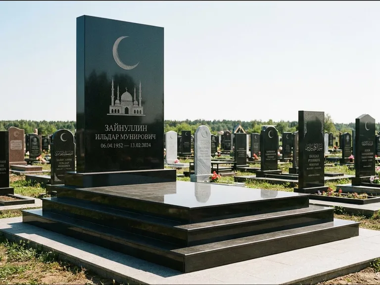 Мусульманский памятник: массивная стела на ступенчатом постаменте — гравировка мечети под полумесяцем и звёздами, гранитная площадка без ограды, работа «Хабибуллин» в Уфе