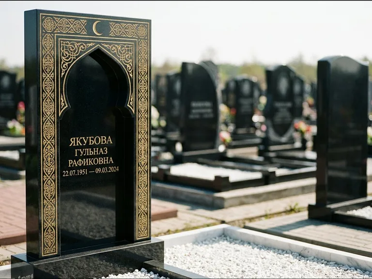 Мусульманский памятник: стела в форме михраба с глубокой нишей и золочёным орнаментом — детализированная гравировка мечети Кул-Шариф, участок с белой мраморной крошкой, работа «Мустафин» в Уфе