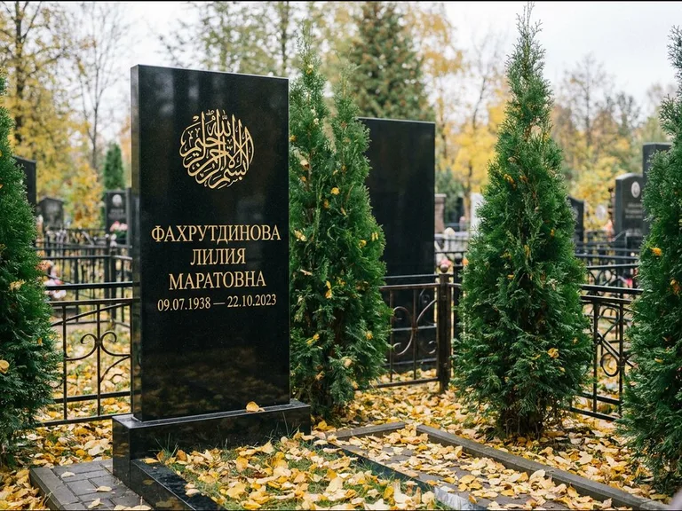 Мусульманский памятник — шахада в верхней части стелы, работа «Фахрутдинова» в Уфе
