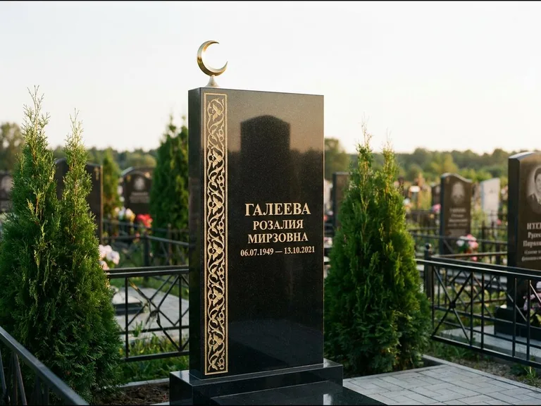 Памятник с гравировкой полумесяца — золочёный полумесяц и колонна растительного орнамента-ислими, работа «Галеева» в Уфе