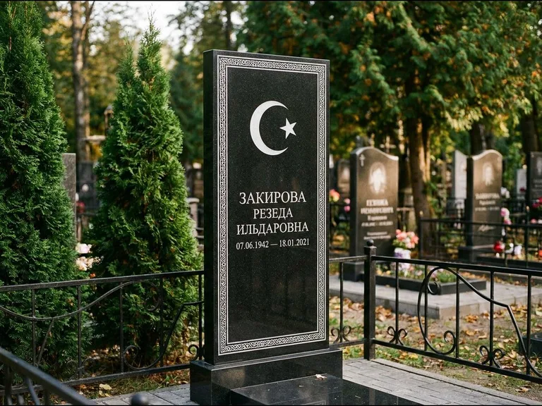 Памятник с гравировкой полумесяца — строгая белая гравировка полумесяца со звездой и орнаменталь, работа «Закирова» в Уфе