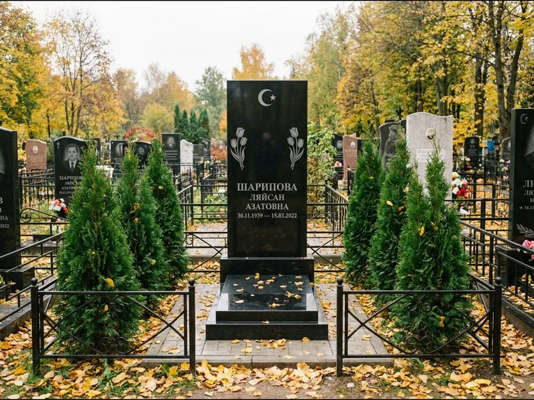 Памятник с гравировкой полумесяца — гравировка полумесяца со звездой и тюльпанами по бокам, работа «Шарипова» в Уфе