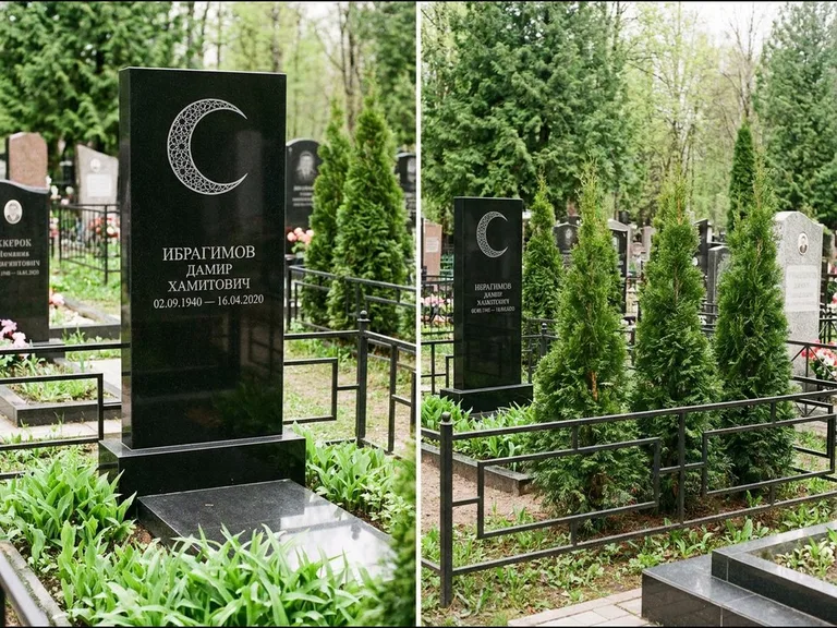 Памятник с гравировкой полумесяца — гравировка полумесяца в геометрическом орнаменте-гирихе, работа «Ибрагимов» в Уфе