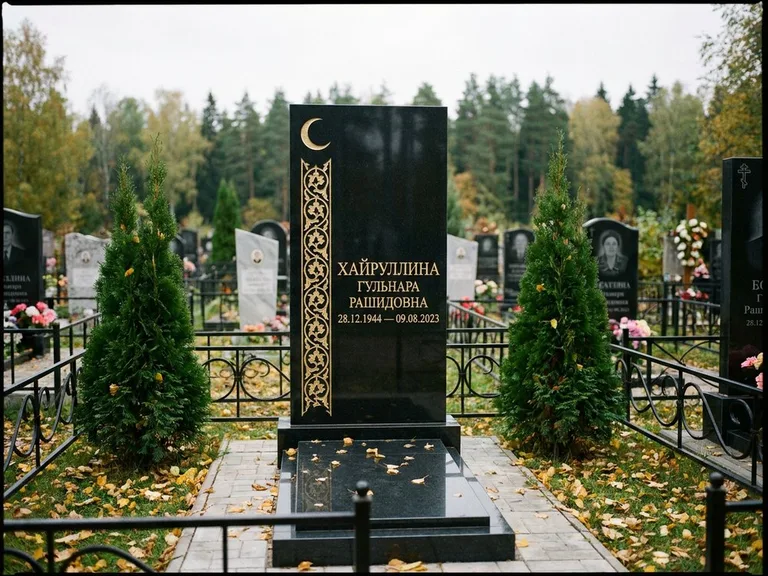 Памятник с гравировкой полумесяца — золочёный полумесяц и колонна растительного орнамента-ислими, работа «Хайруллина» в Уфе