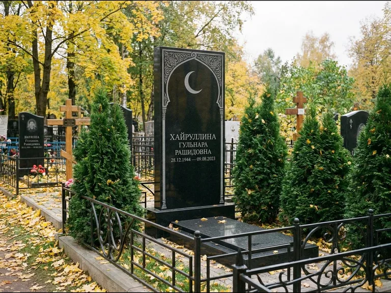 Памятник с гравировкой полумесяца — гравировка полумесяца в восточной арке с орнаментом, работа «Хайруллина» в Уфе