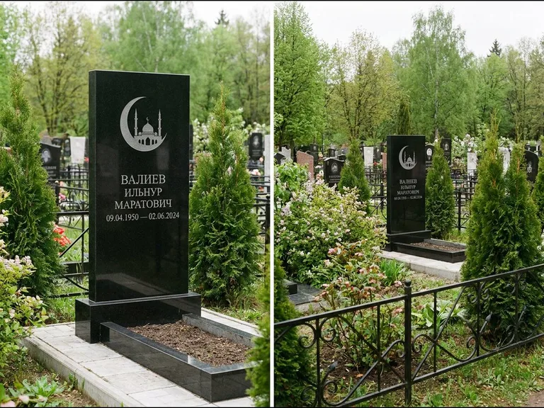 Памятник с гравировкой полумесяца — гравировка полумесяца над силуэтом мечети, работа «Валиев» в Уфе