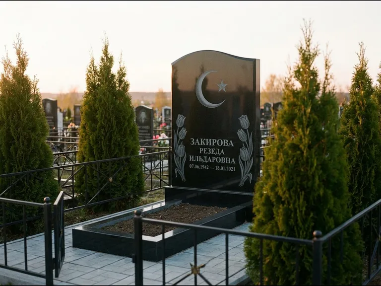 Памятник с гравировкой полумесяца — гравировка полумесяца со звездой и тюльпанами по бокам, работа «Закирова» в Уфе