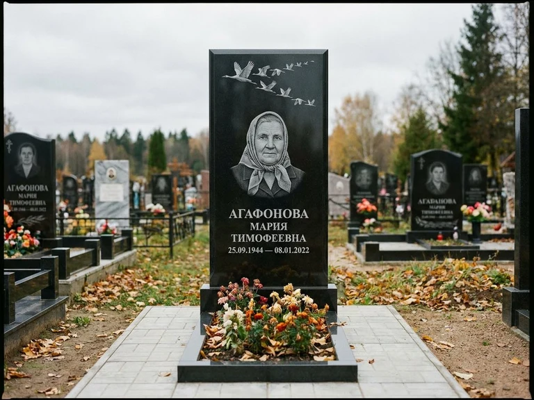 Гравировка журавлей на памятник в Уфе — памятник из чёрного гранита с гравировкой