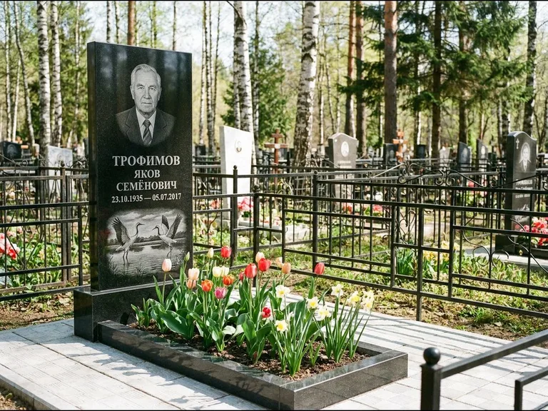 Памятник с гравировкой журавлей — гравировка пары журавлей над гладью озера в нижней части, работа «Трофимов» в Уфе