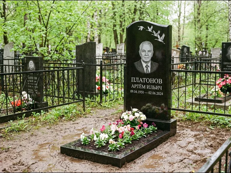 Памятник с гравировкой журавлей — белая гравировка клина журавлей, уходящего в верхний угол ст, работа «Платонов» в Уфе