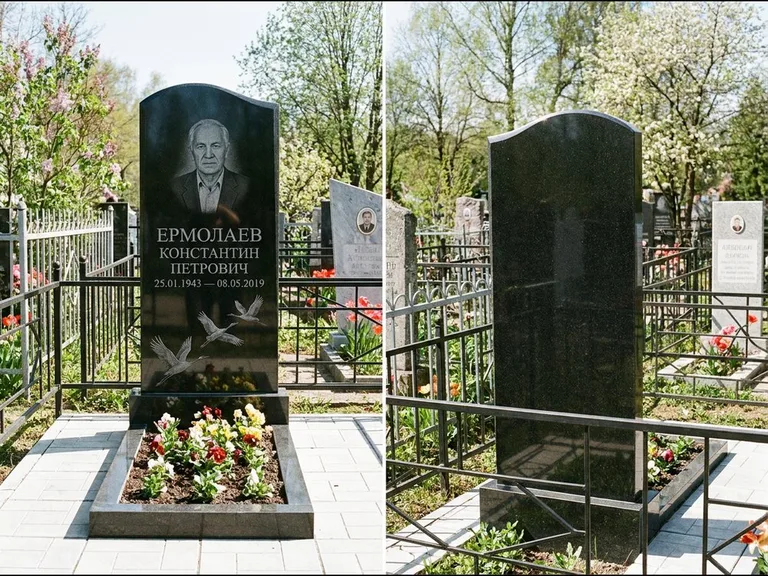 Памятник с гравировкой журавлей — гравировка трёх журавлей по диагонали через свободное поле с, работа «Ермолаев» в Уфе