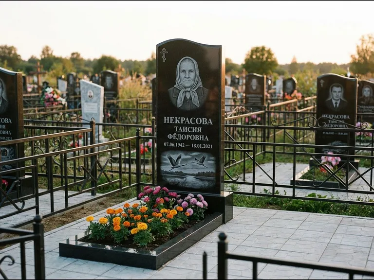 Памятник с гравировкой журавлей — гравировка пары журавлей над гладью озера в нижней части, работа «Некрасова» в Уфе