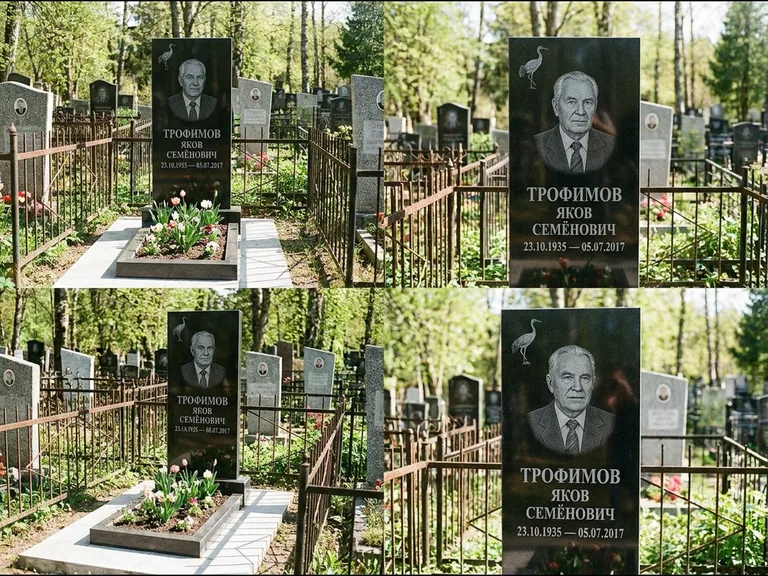 Памятник с гравировкой журавлей — гравировка одиночного летящего журавля над портретом, работа «Трофимов» в Уфе
