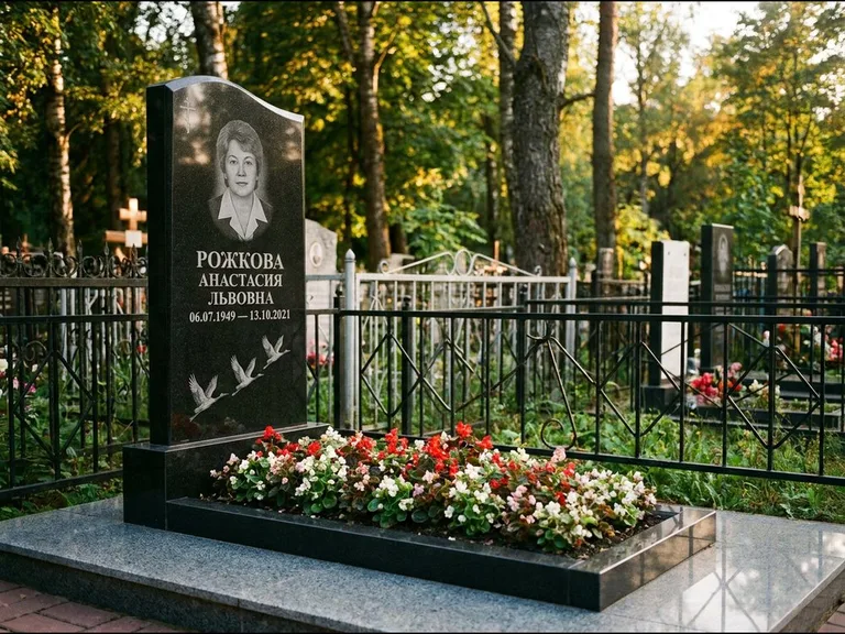 Памятник с гравировкой журавлей — гравировка трёх журавлей по диагонали через свободное поле с, работа «Рожкова» в Уфе