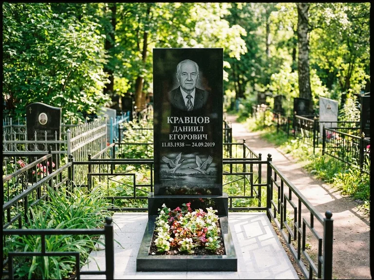 Памятник с гравировкой журавлей — гравировка пары журавлей над гладью озера в нижней части, работа «Кравцов» в Уфе