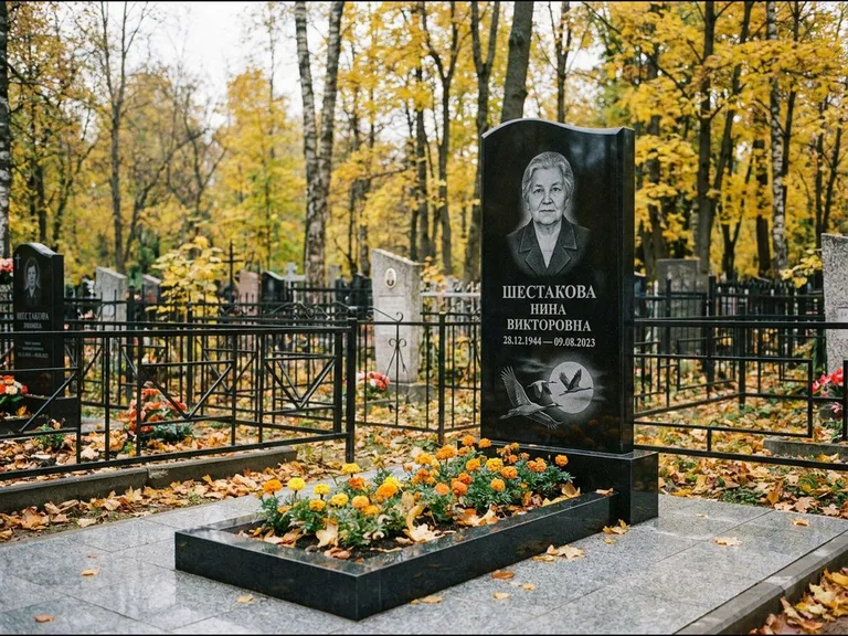 Памятник с гравировкой журавлей — гравировка клина журавлей на фоне солнечного диска, работа «Шестакова» в Уфе