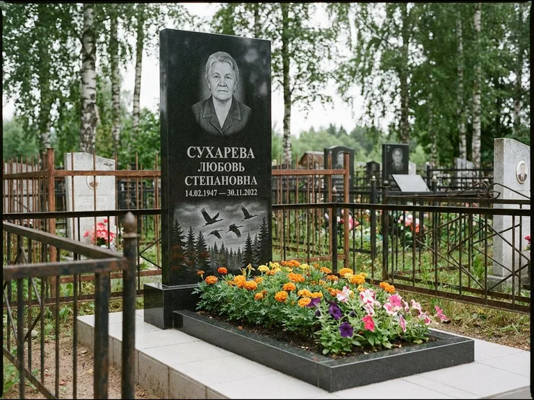 Памятник с гравировкой журавлей — гравировка силуэтов журавлей над еловым лесом, работа «Сухарева» в Уфе