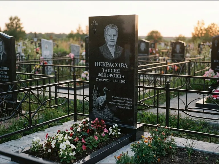 Памятник с гравировкой журавлей — гравировка журавля у камышей рядом с эпитафией, работа «Некрасова» в Уфе